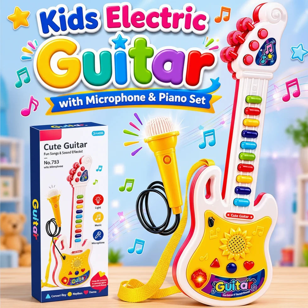 Kids Electric Guitar Toy with Microphone & Musical Piano Set