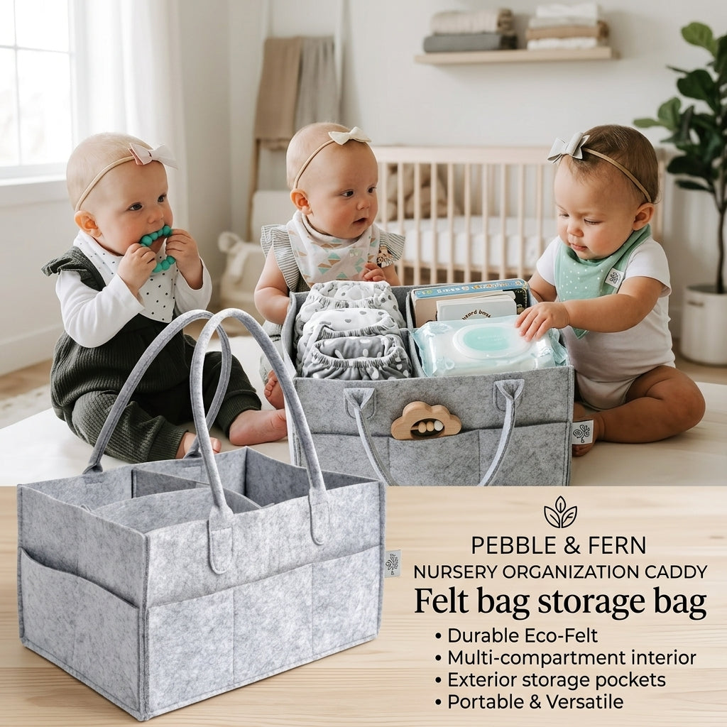 Portable Felt Nursery Diaper Caddy Organizer - Baby Storage Bag