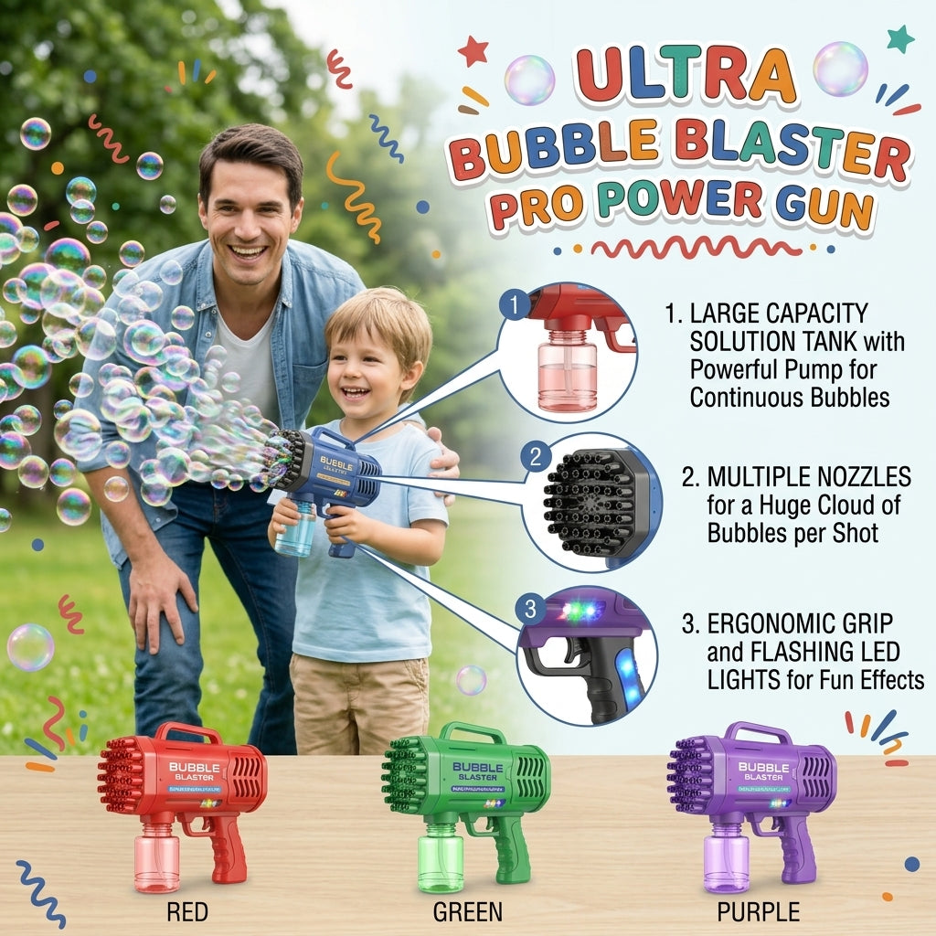 Super Bubble Gun Toy with Lights - Sky High Bubbles for Kids