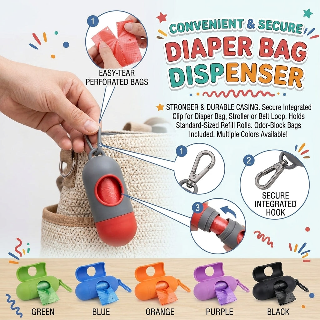 Convenient & Secure Diaper Bag Dispenser with Odor-Block Bags